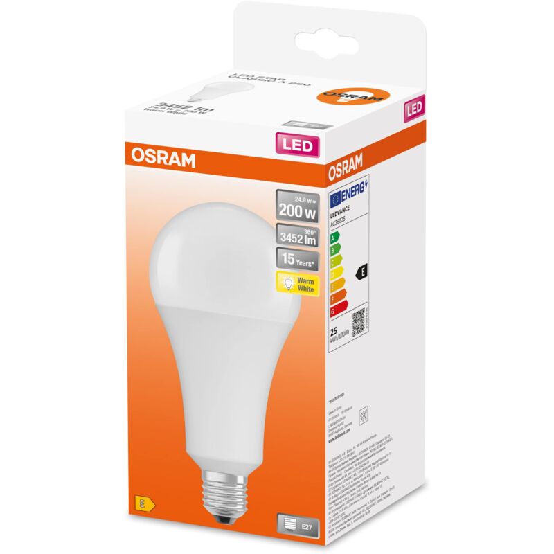 foto del prodotto osram led star classic a200, lampada led smerigliata a forma di lampadina, base e27, bianco caldo 2700k , 3452 lumen, sostituzione di lampadine