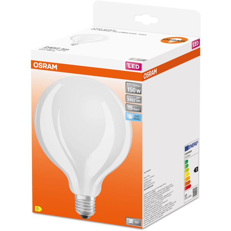 foto del prodotto osram led star globe125, lampada led a filamento opaco a forma di globo con diametro di 125mm, base e27, bianco freddo 4000k , 2452 lumen,
