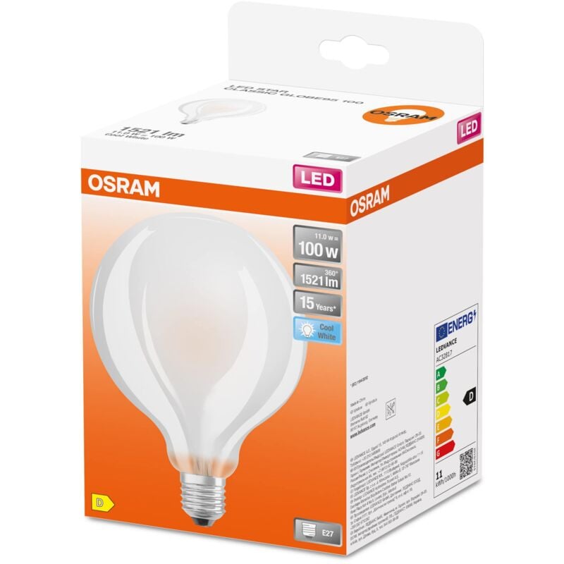 foto del prodotto osram led star globe95, lampada led a filamento opaco a forma di globo con diametro di 95mm, base e27, bianco freddo 4000k , 1521 lumen,