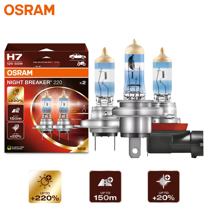 foto del prodotto osram night breaker 220 lampade per auto h4 h7 h11 faro alogeno + 220 potenza luminosa + fascio lungo 150 m luce originale 12 v germania, 2x