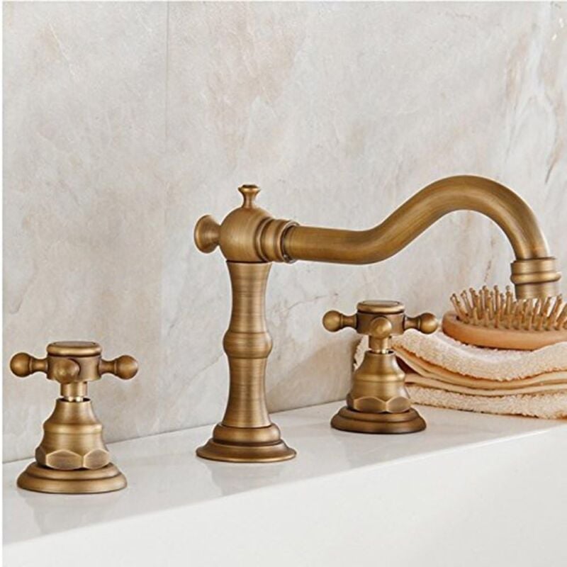 foto del prodotto ottone massiccio due maniglie tre fori diffuso rubinetto per lavabo in ottone per bagno finitura anticata montaggio su ponte vasca rubinetti