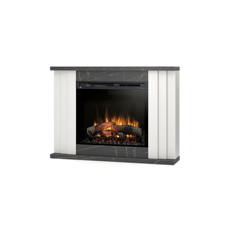 foto del prodotto outinfire paria caminetto elettrico a libera installazione a led 28 bianco opaco marmo nero 118 x 86 x 27,5