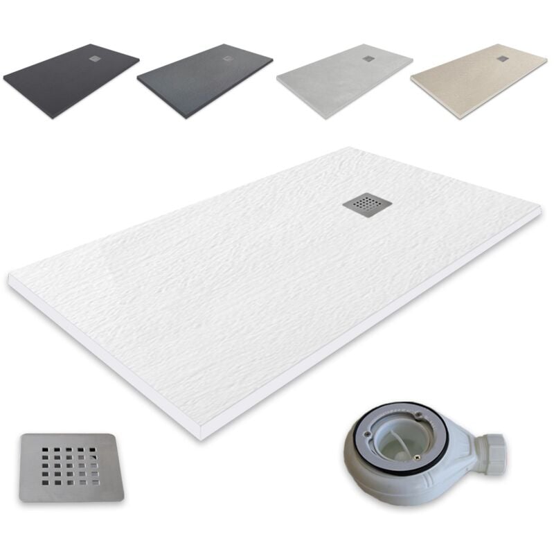 foto del prodotto outletaseo piatto doccia ultrasottile in resina antiscivolo con texture ardesia 100x90 cm, bianco ral 9003 inclusa valvola di scarico 