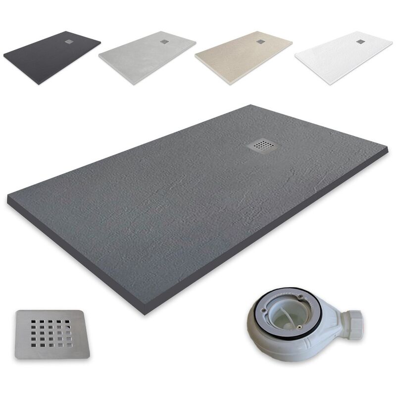 foto del prodotto outletaseo piatto doccia ultrasottile in resina antiscivolo con texture ardesia 120x70 cm, grafite ral 7015 inclusa valvola di scarico 