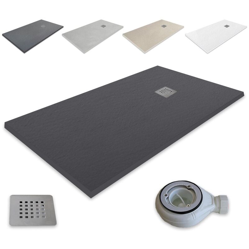 foto del prodotto outletaseo - piatto doccia ultrasottile in resina - antiscivolo con texture ardesia - 120x70 cm, nero ral-9005 - inclusa valvola di scarico