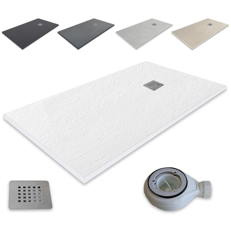 foto del prodotto outletaseo piatto doccia ultrasottile in resina antiscivolo con texture ardesia 180x80 cm, bianco ral 9003 inclusa valvola di scarico 