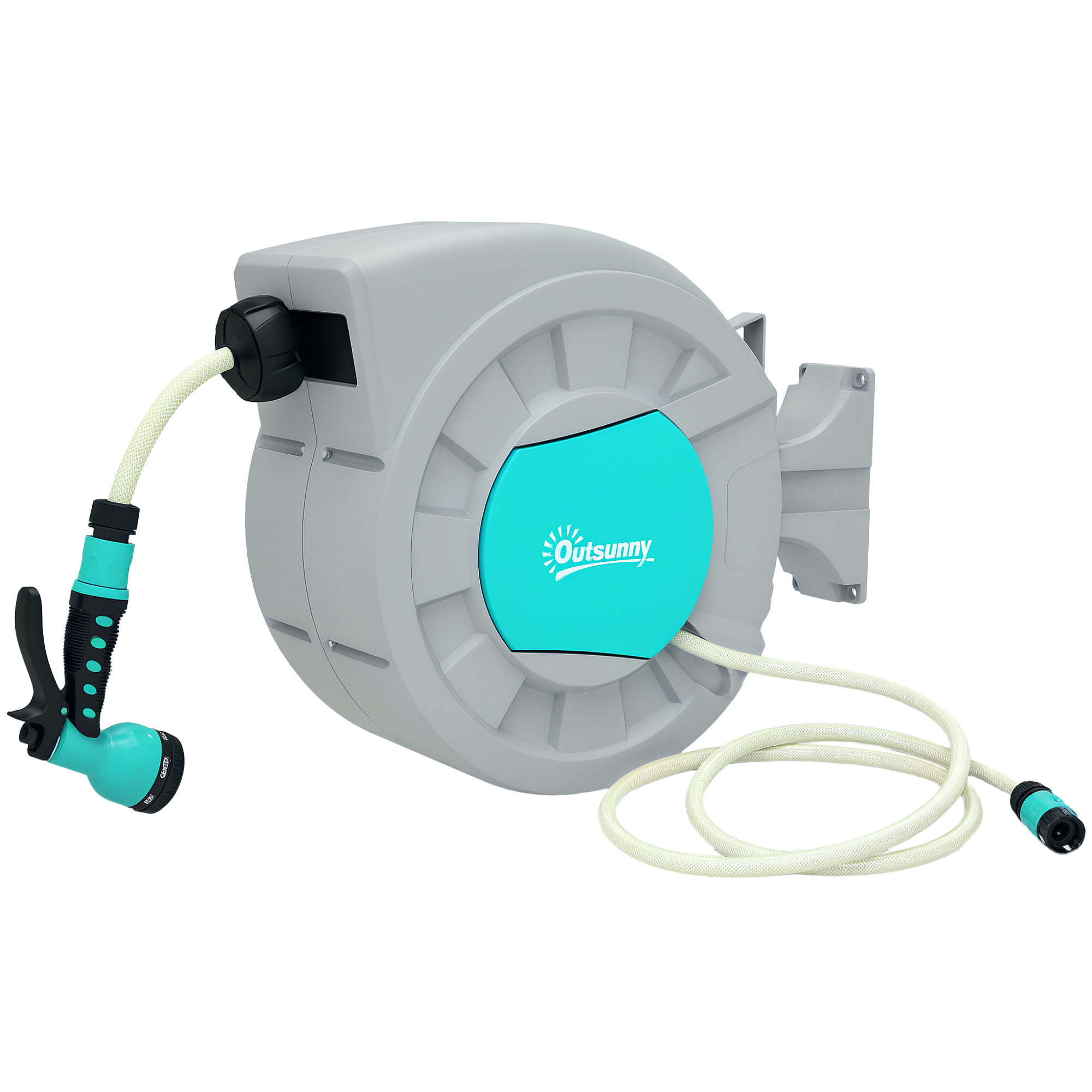 foto del prodotto outsunny avvolgitubo automatico a parete e portatile lunghezza 30 2 m, sistema di blocco e 7 getti, verde