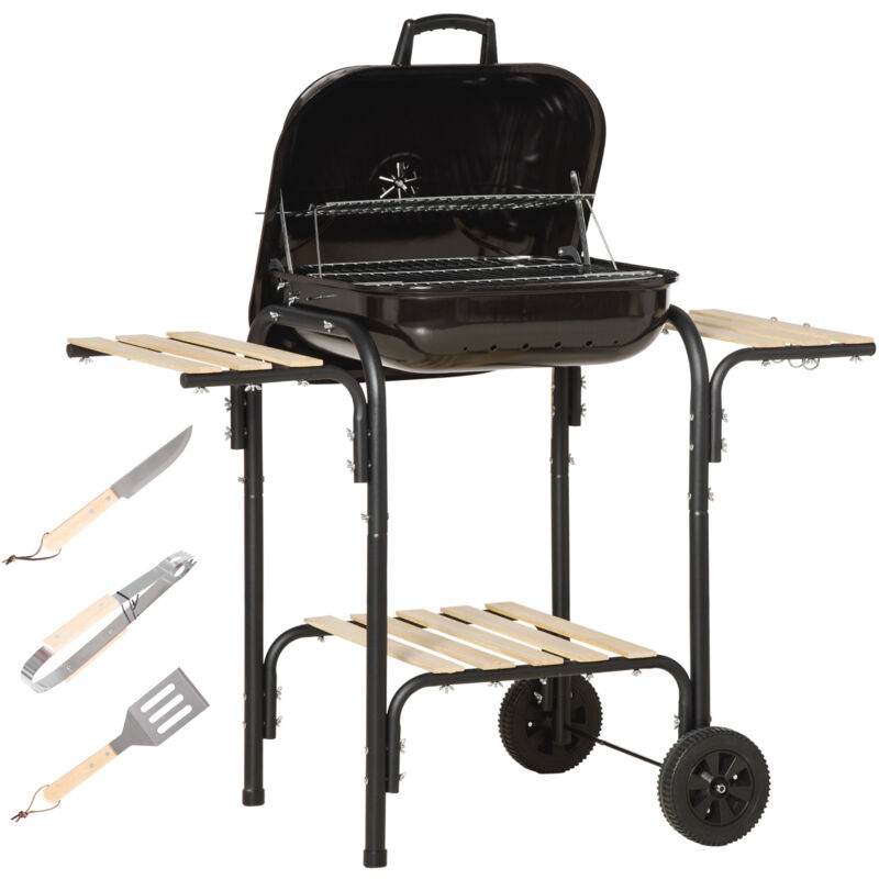 foto del prodotto outsunny barbecue a carbonella con coperchio e ruote, ripiani e utensili nero