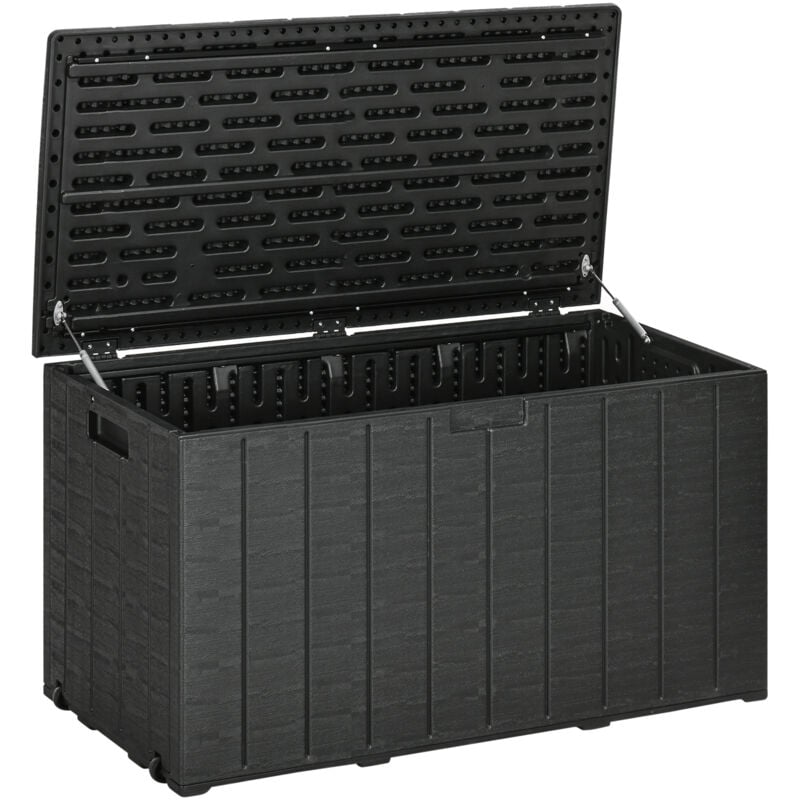 foto del prodotto outsunny baule da esterno 366l in plastica effetto legno 122.4x62x64.5 cm nero