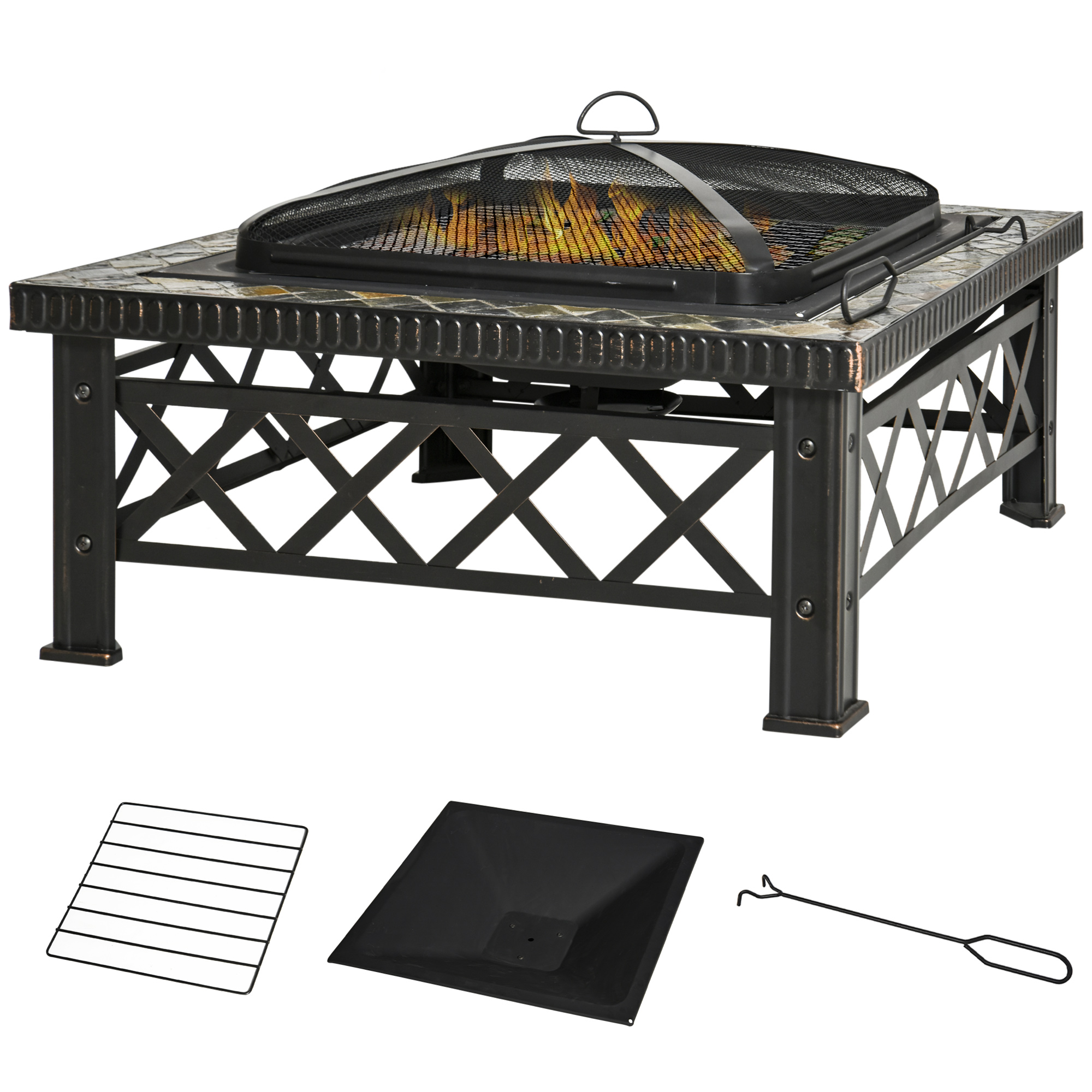 foto del prodotto outsunny braciere da giardino con coperchio parascintille e griglia per barbecue in metallo 76x76x47cm nero aosom