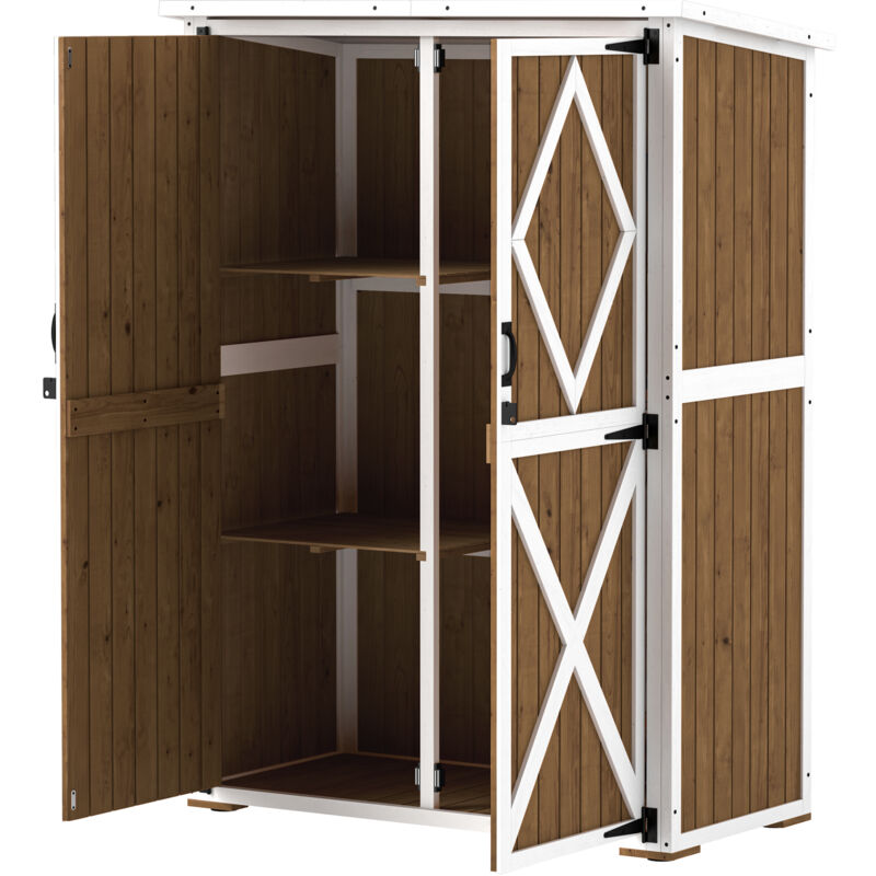 foto del prodotto outsunny capanno attrezzi con 2 ripiani e 2 porte in legno marrone e bianco