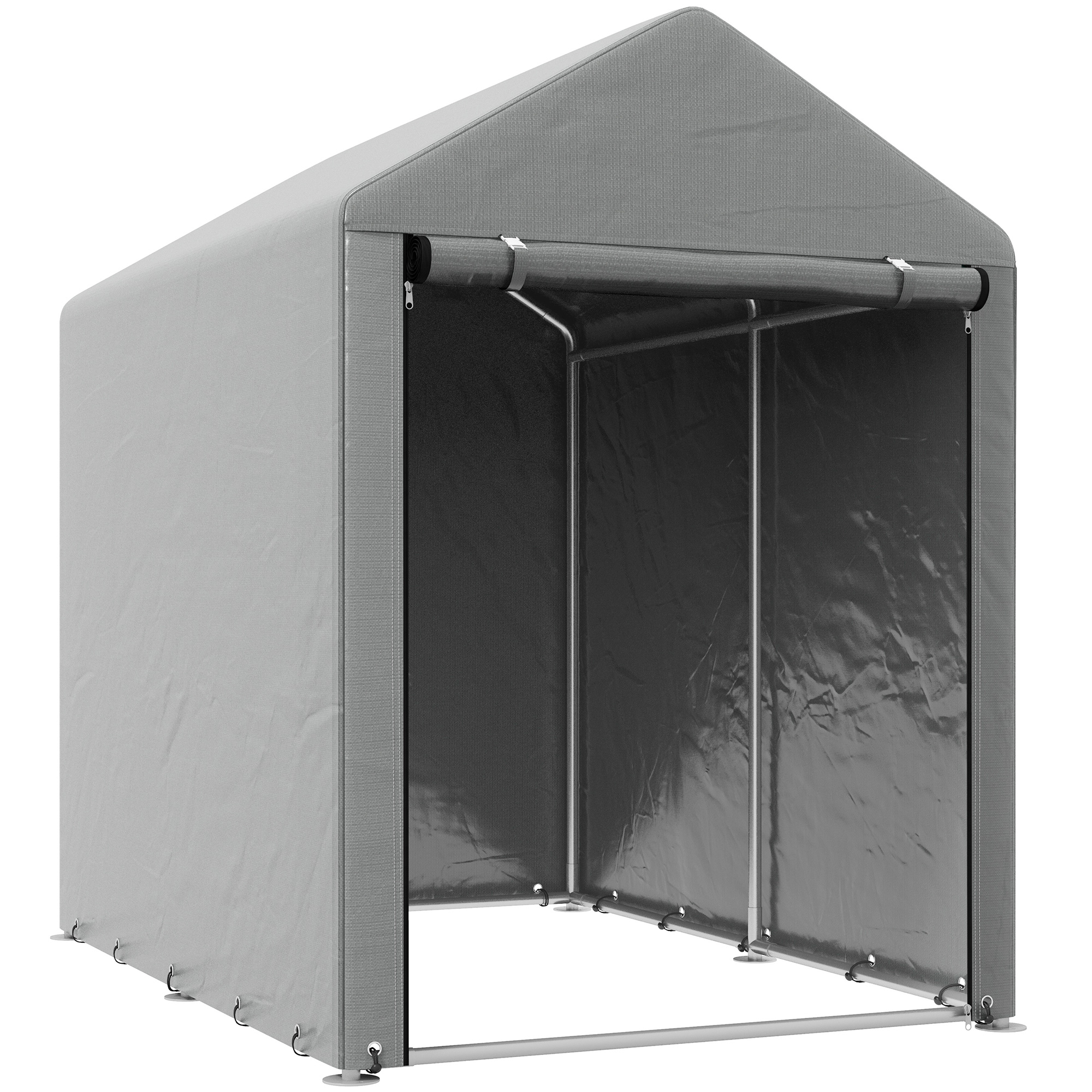 foto del prodotto outsunny capanno attrezzi tenda garage con copertura anti uv e telaio in metallo, 120x179x165cm, grigio chiaro