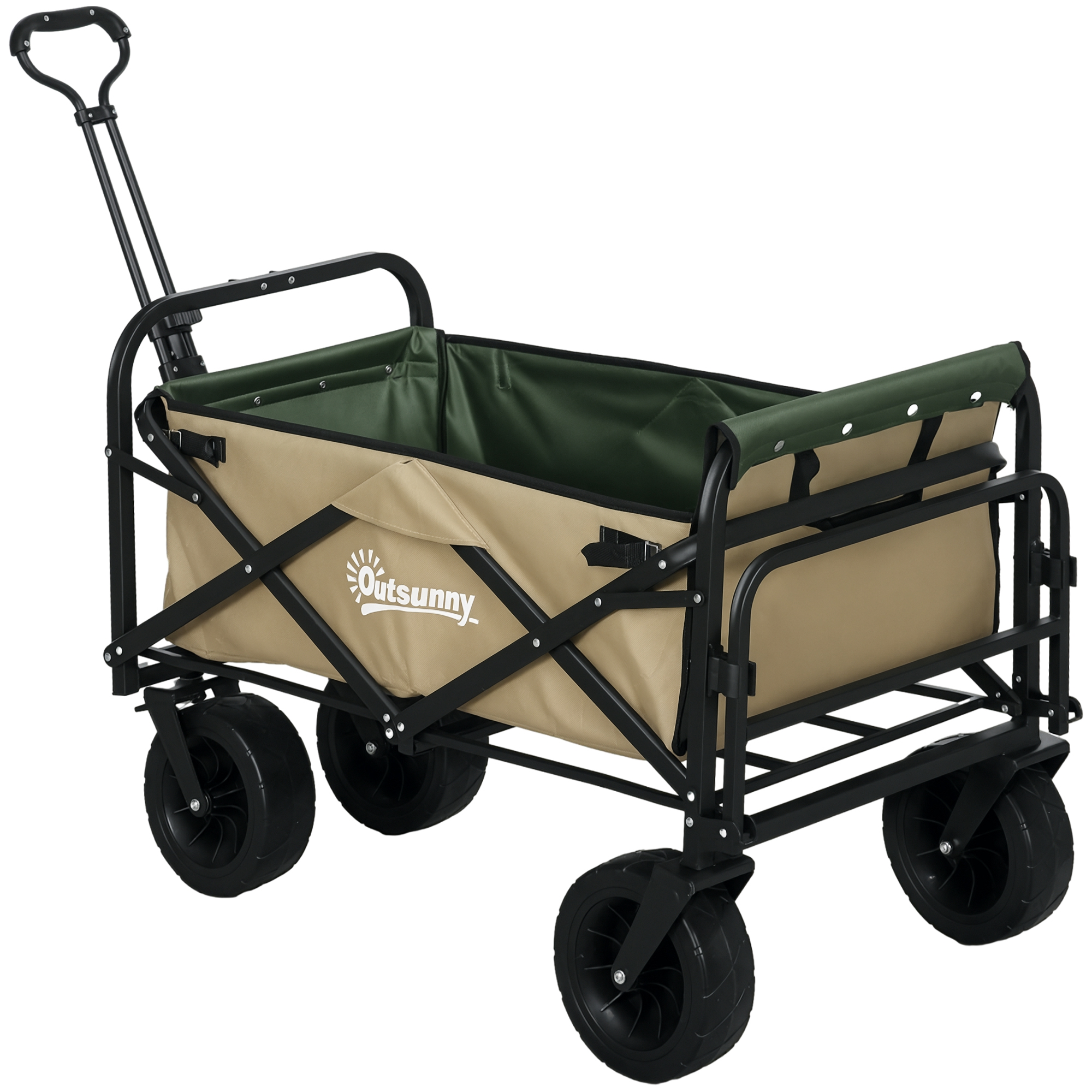 foto del prodotto outsunny carrello da giardino 110l con maniglia telescopica e fondo apribile in acciaio e tessuto oxford, cachi aosom