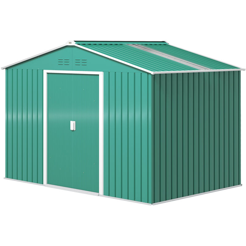 foto del prodotto outsunny casetta da giardino in acciaio con tetto inclinato e 2 porte verde