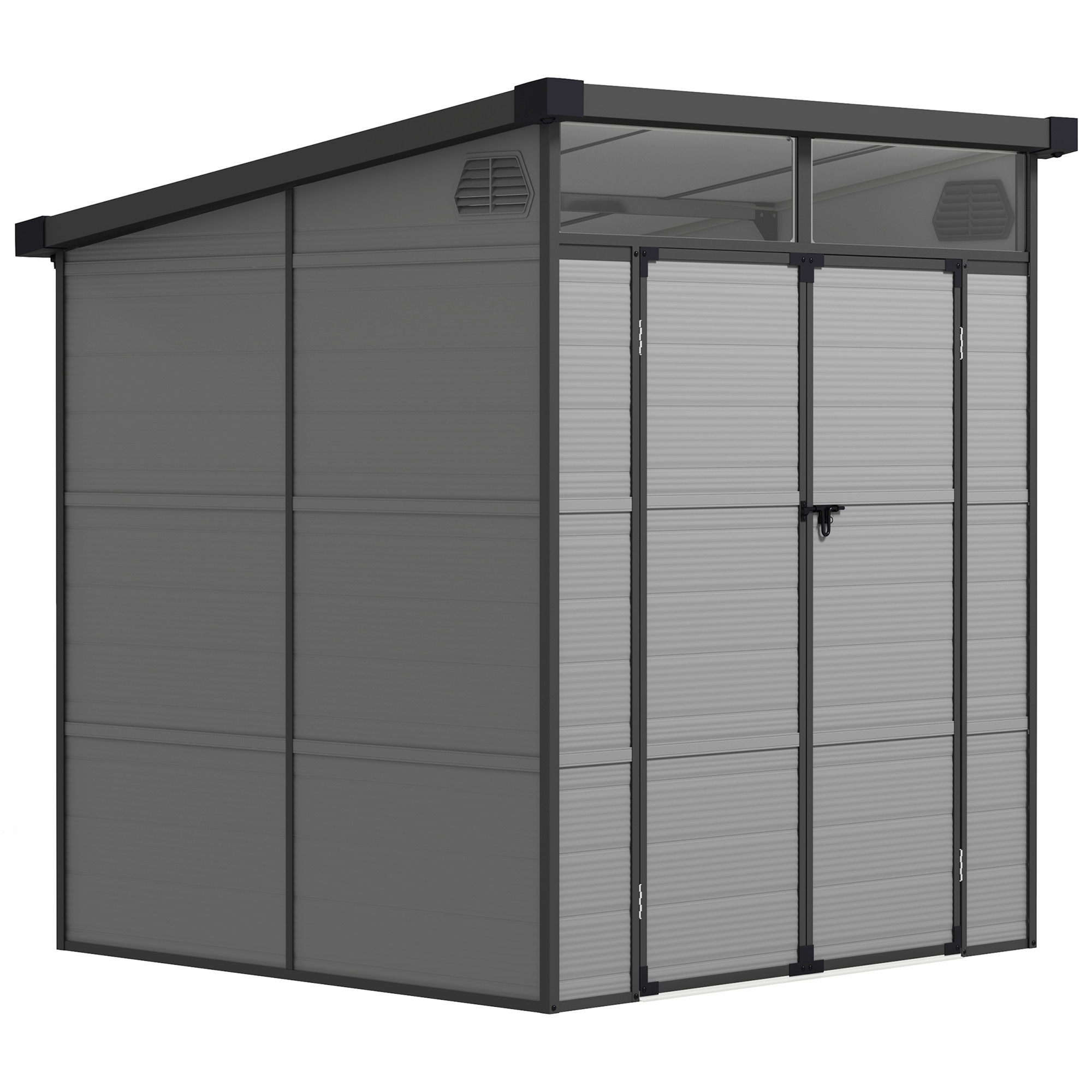 foto del prodotto outsunny casetta da giardino in plastica porta attrezzi con finestre, prese d'aria e blocco, 1.9x1.9 m, grigio chiaro