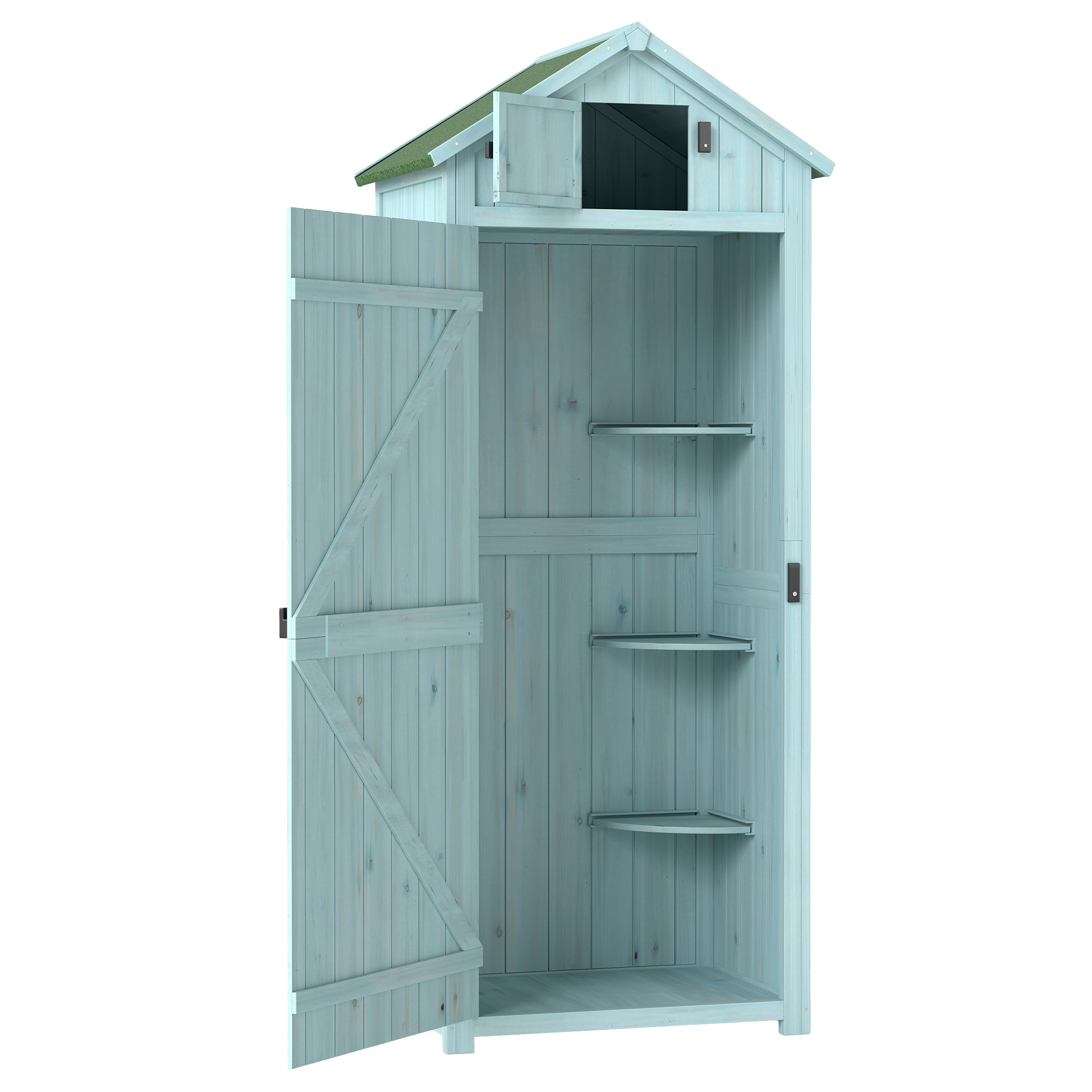 foto del prodotto outsunny casetta da giardino porta attrezzi in legno con 3 ripiani, 77x54.2x179 cm, blu