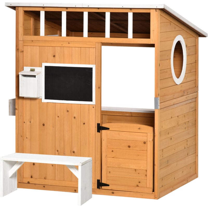 foto del prodotto outsunny casetta da gioco per bambini in legno con porta panca e lavagna