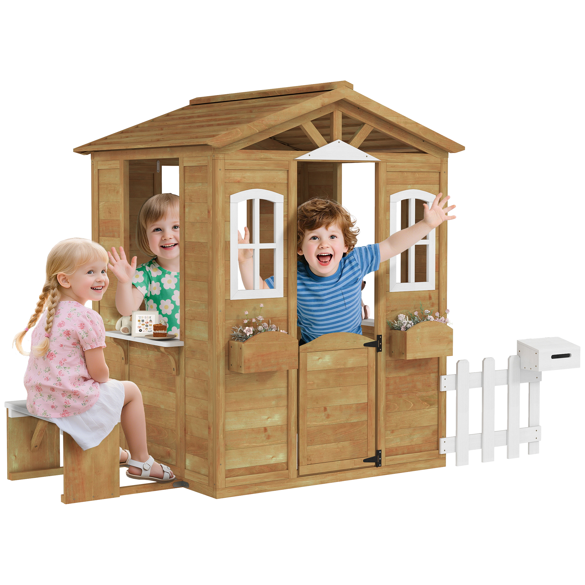 foto del prodotto outsunny casetta per bambini in legno con finestre, staccionata e panca, 205x119x140 cm, legno naturale