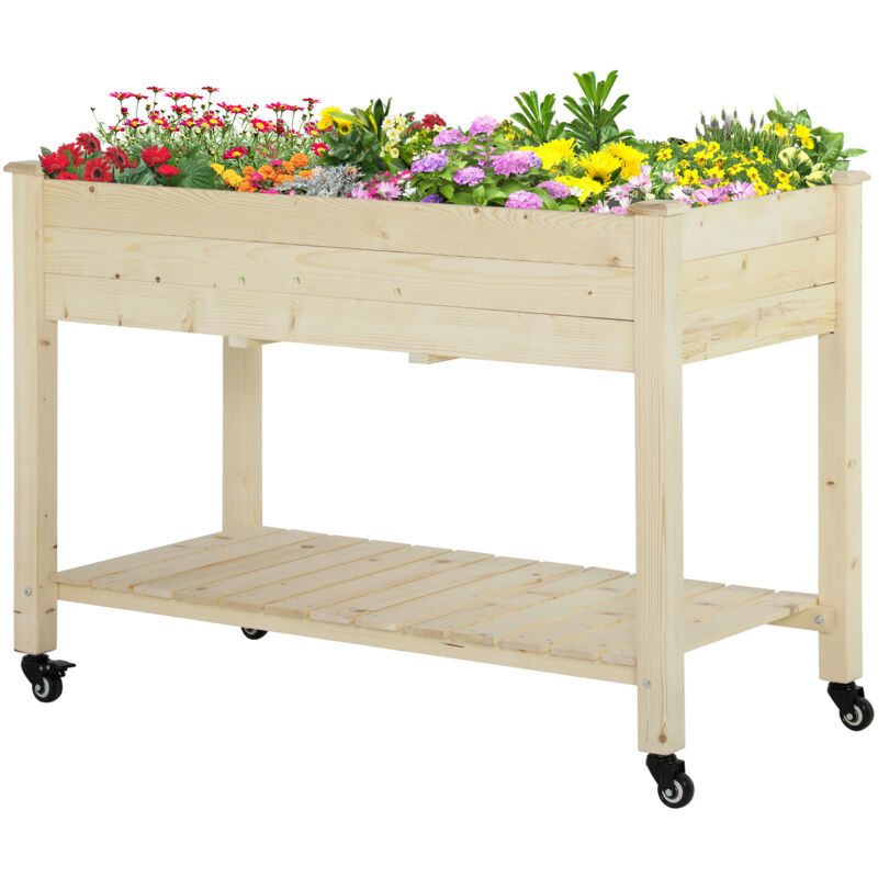 foto del prodotto outsunny fioriera orto rialzato in legno con rotelle e ripiano 118x55x83cm