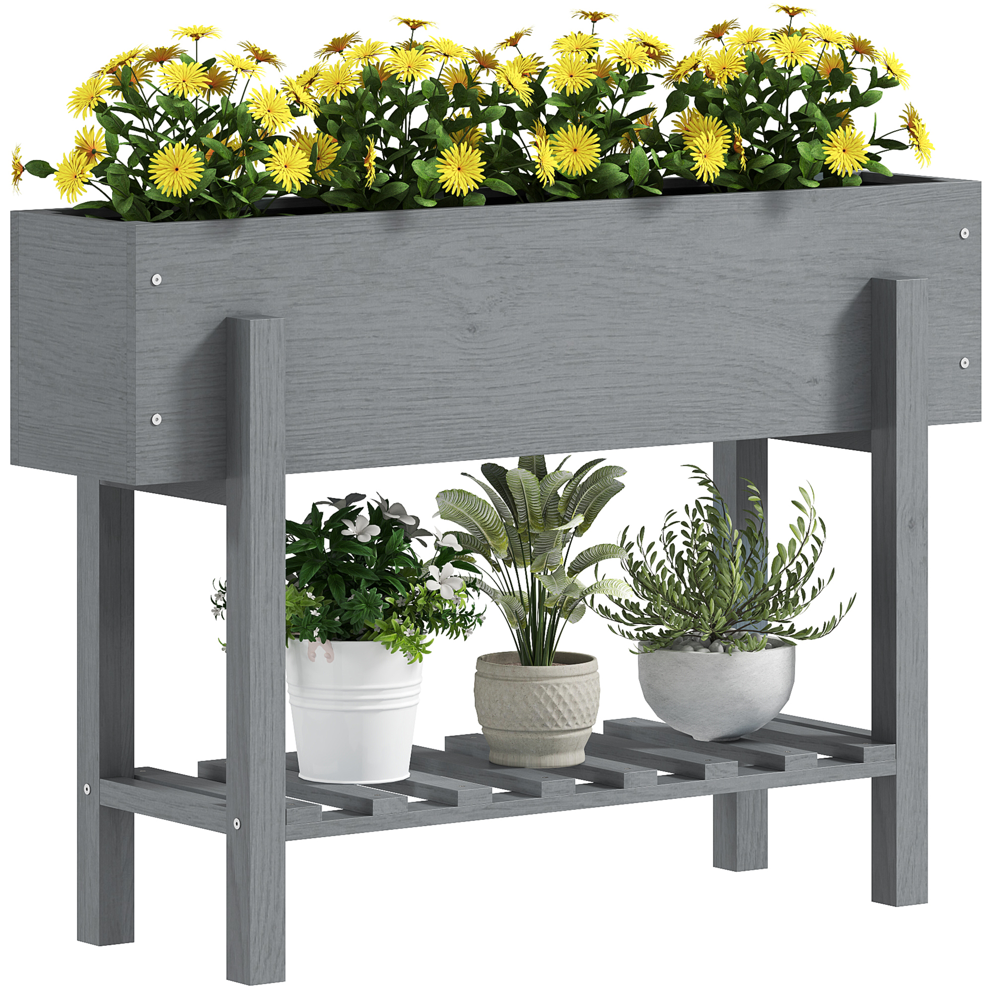foto del prodotto outsunny fioriera rialzata con ripiano inferiore e 2 fori di drenaggio, in legno di abete, 100x30x70.5 cm, grigio