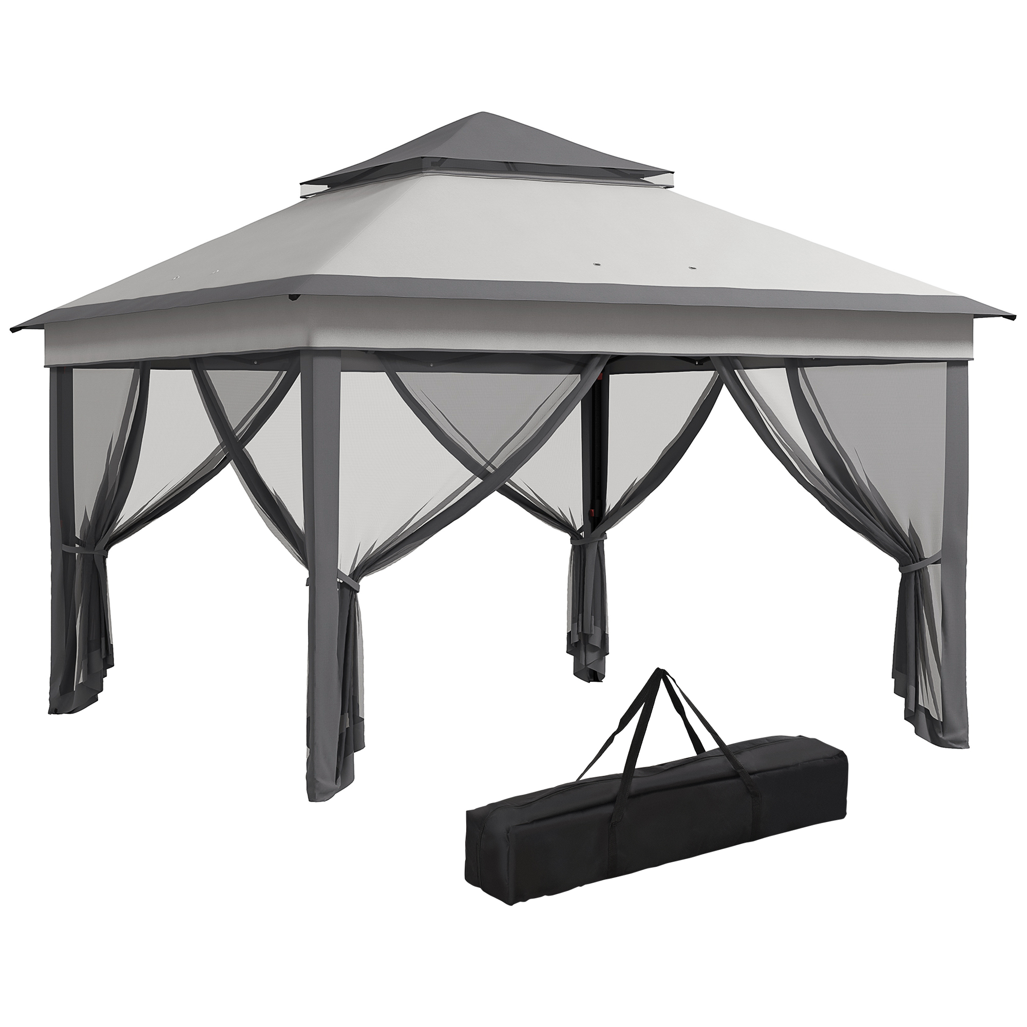 foto del prodotto outsunny gazebo con zanzariere regolabile su 3 livelli, in acciaio e tessuto oxford, 326x326x272 cm, grigio chiaro e scuro