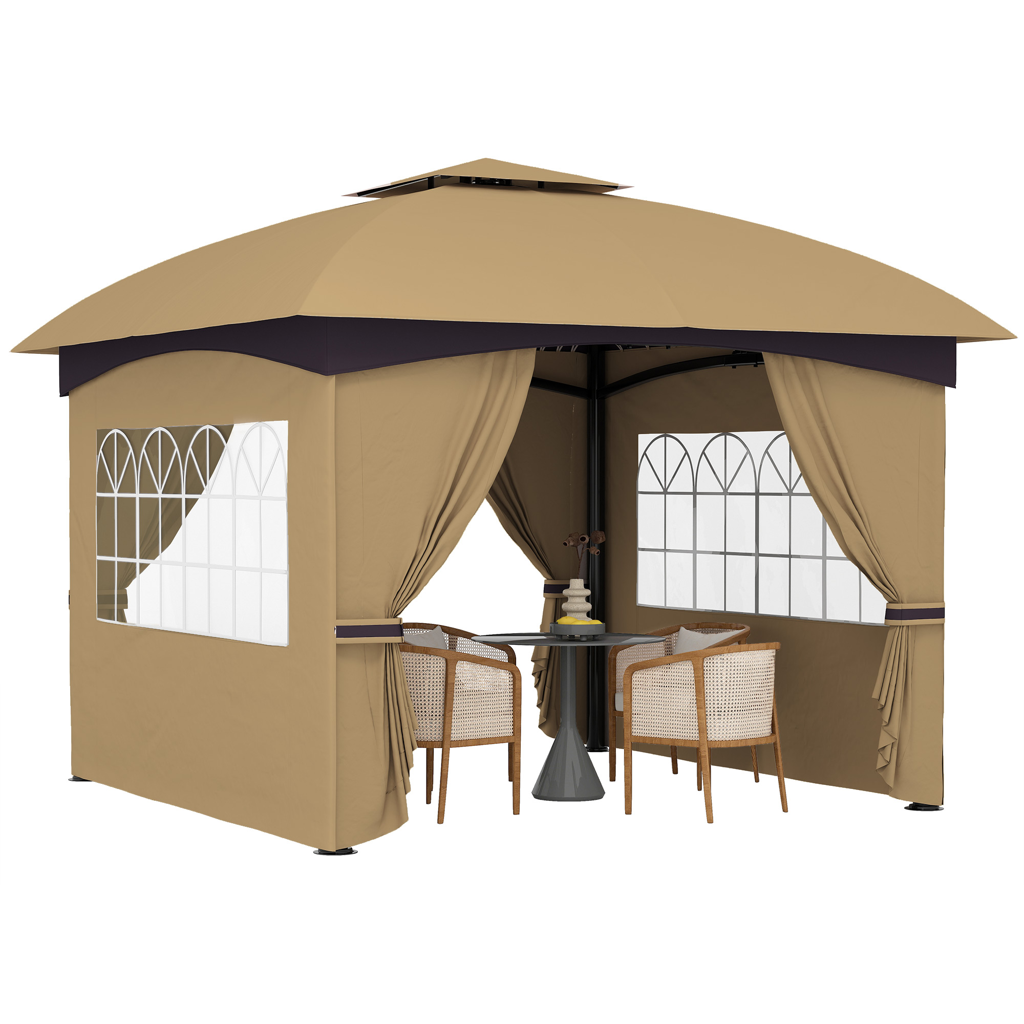 foto del prodotto outsunny gazebo da giardino 3.4x3.4m con pareti in pu anti-strappo e anti-raggi uv, tetto a 2 livelli, beige aosom