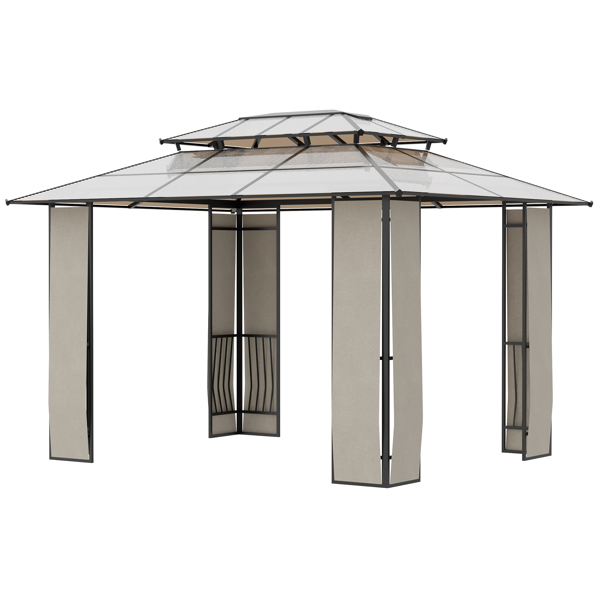 foto del prodotto outsunny gazebo da giardino 3.65x3m con tetto in policarbonato a 2 livelli, gazebo esterno con struttura acciaio e alluminio, marrone aosom