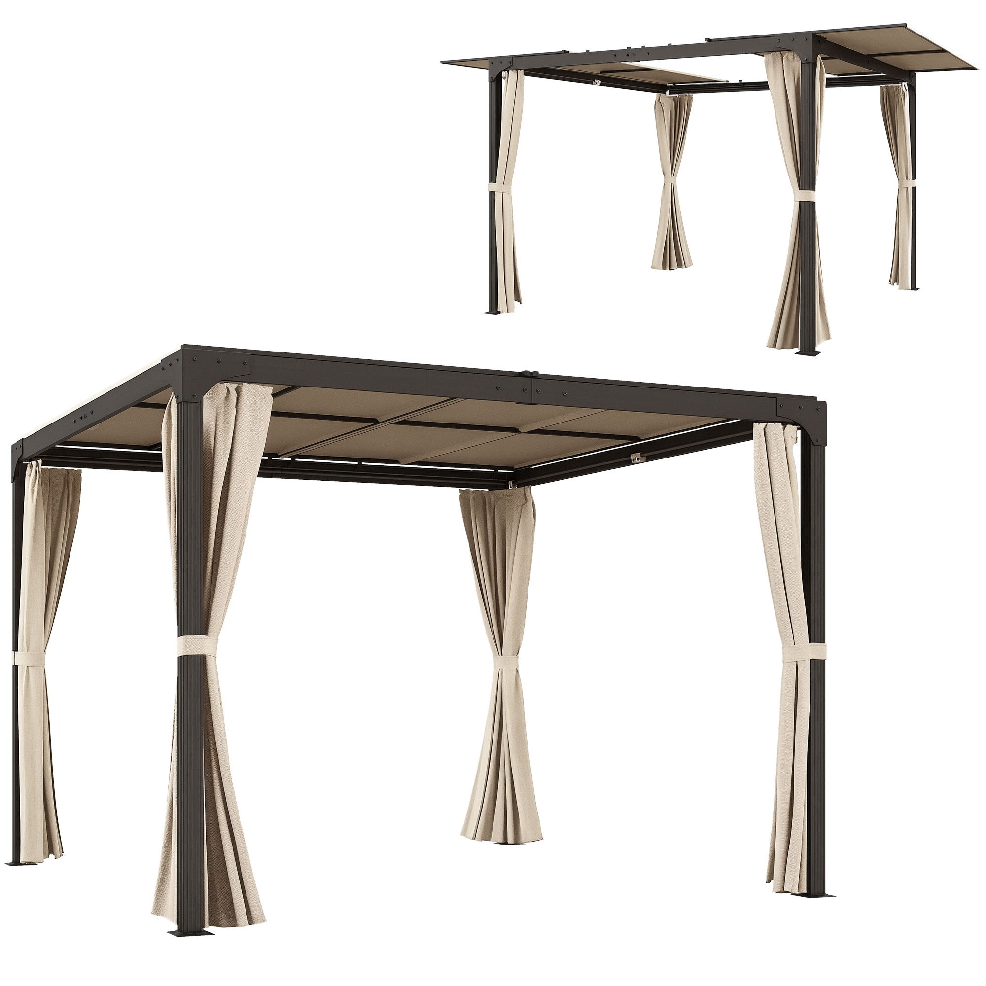 foto del prodotto outsunny gazebo pergola con tende laterali e tetto apribile in alluminio e acciaio, 3x3m, beige