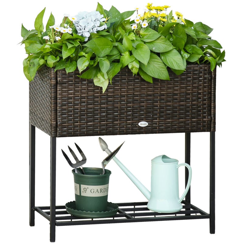 foto del prodotto outsunny giardino rialzato effetto vimini con ripiano marrone 70x30x70cm 