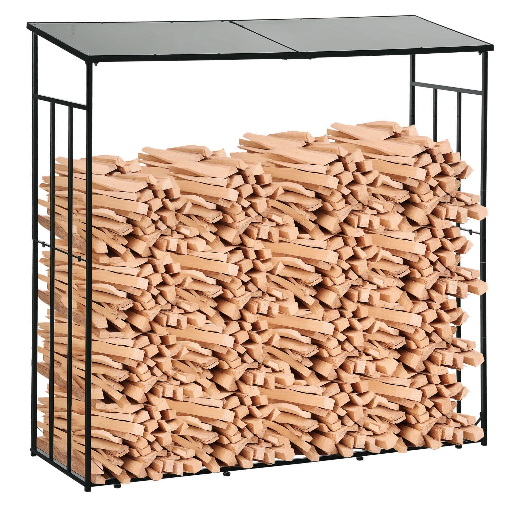 foto del prodotto outsunny legnaia da esterno in metallo con tetto in policarbonato, capacità 2100kg, 185x67x185, nero aosom