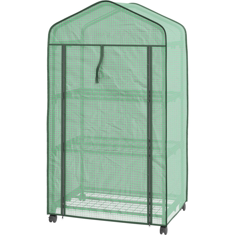 foto del prodotto outsunny mini serra da giardino copertura pe 3 ripiani e ruote 69x49x130cm verde