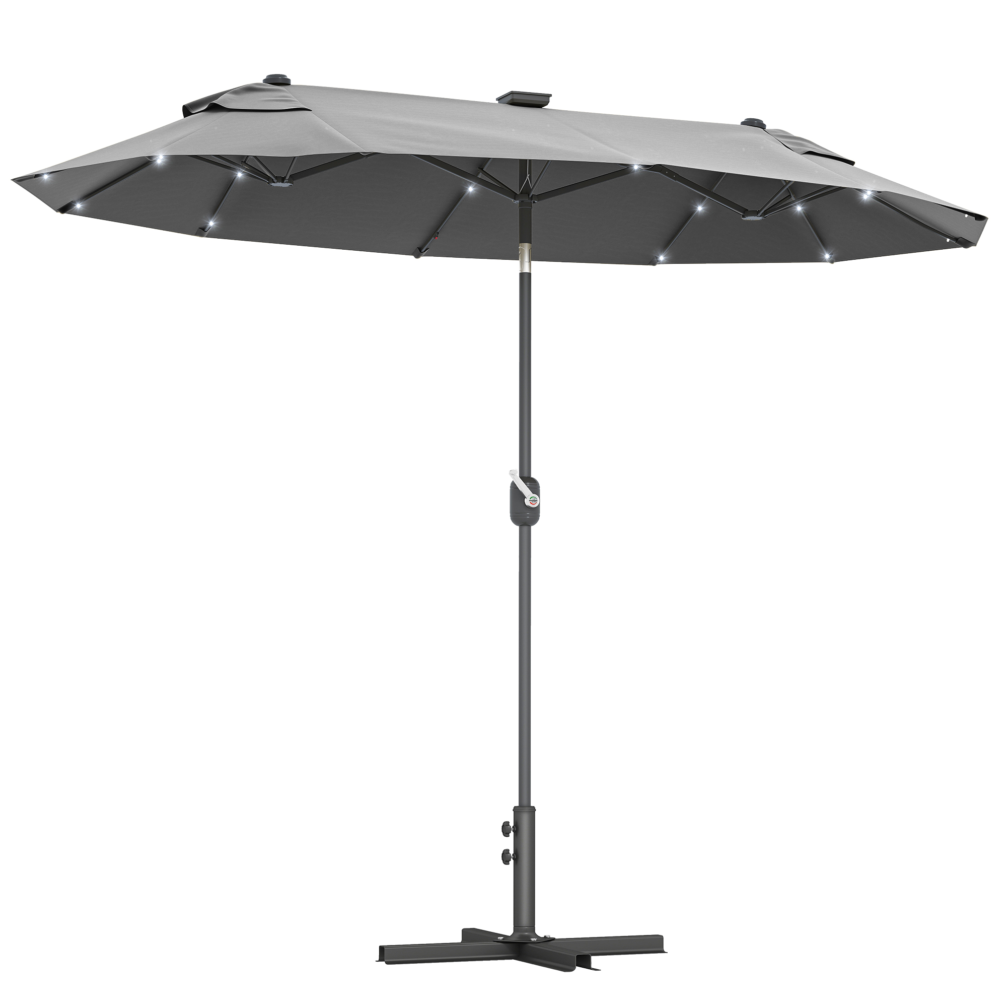 foto del prodotto outsunny ombrellone doppio con base a crocee luci solari, 295x150x219cm, grigio aosom