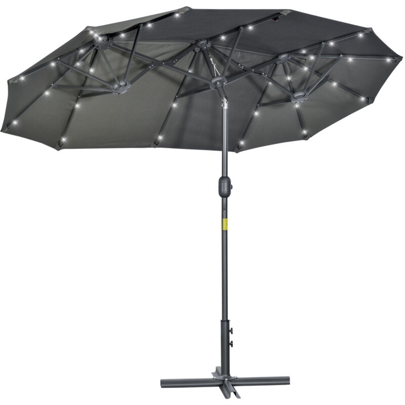 foto del prodotto outsunny ombrellone doppio con luci solari e base a croce 295x150x219cm grigio