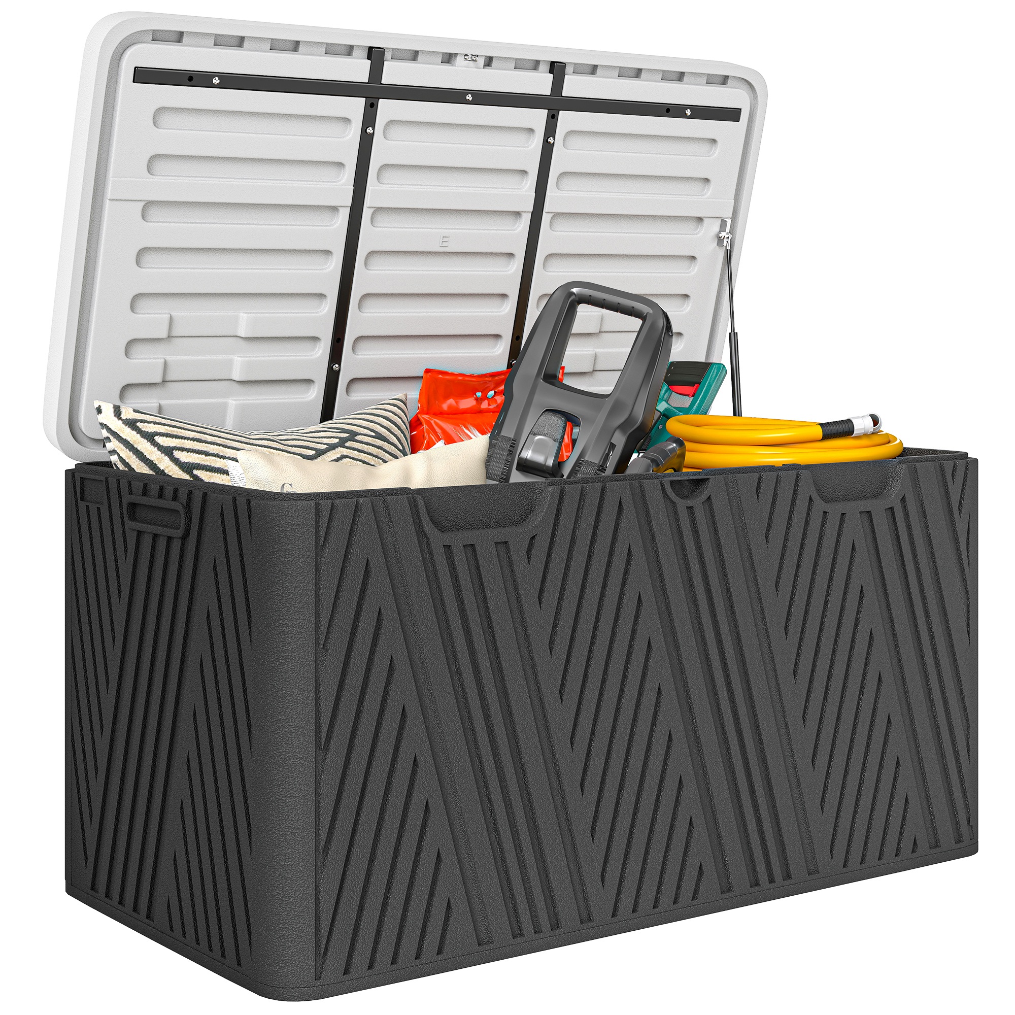 foto del prodotto outsunny panca contenitore 380l in hdpe con 2 maniglie laterali e leva a gas, 115x60x60 cm, nero e grigio