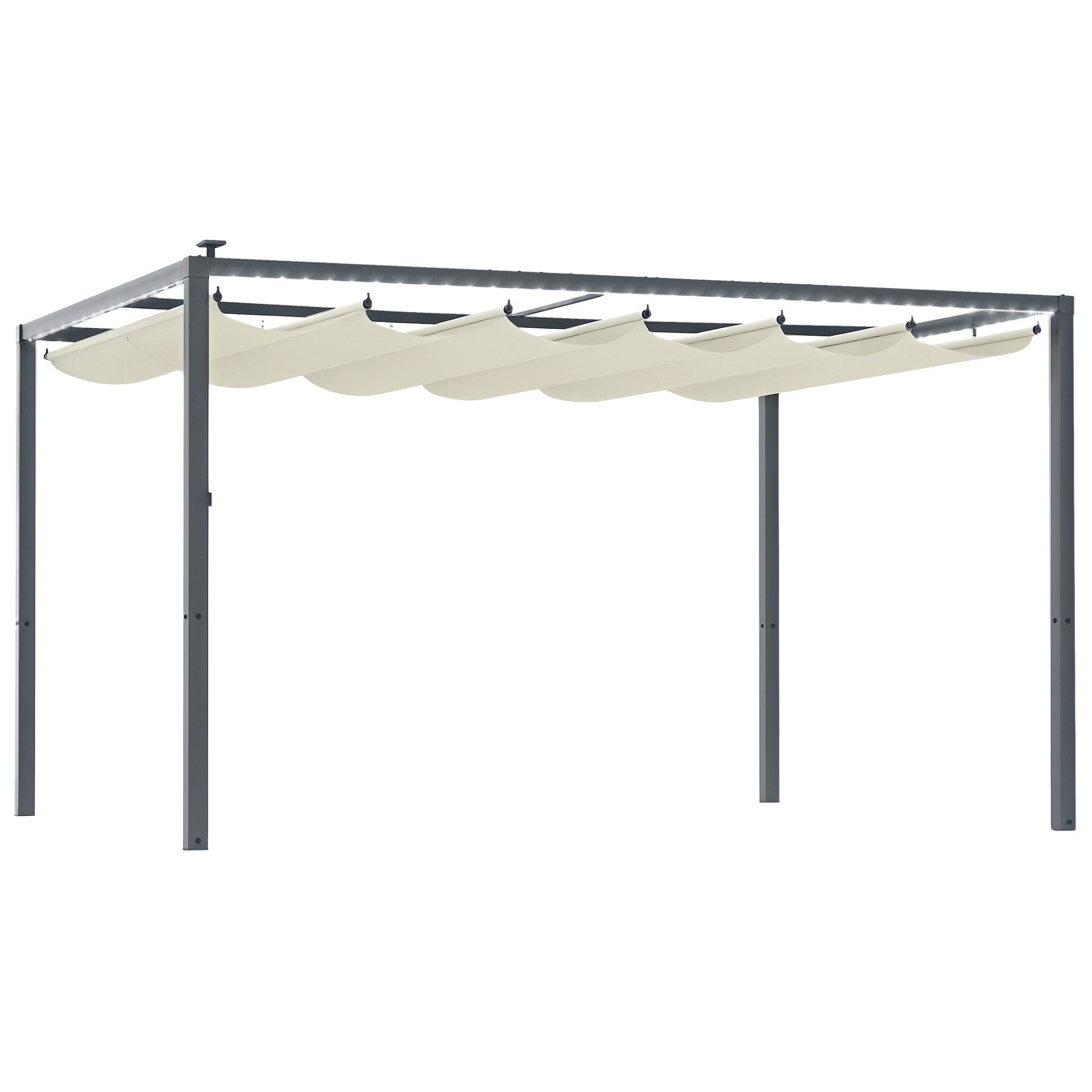 foto del prodotto outsunny pergola per giardino retrattile 4x3 m con luci led e fori di drenaggio, in alluminio e poliestere, bianco crema