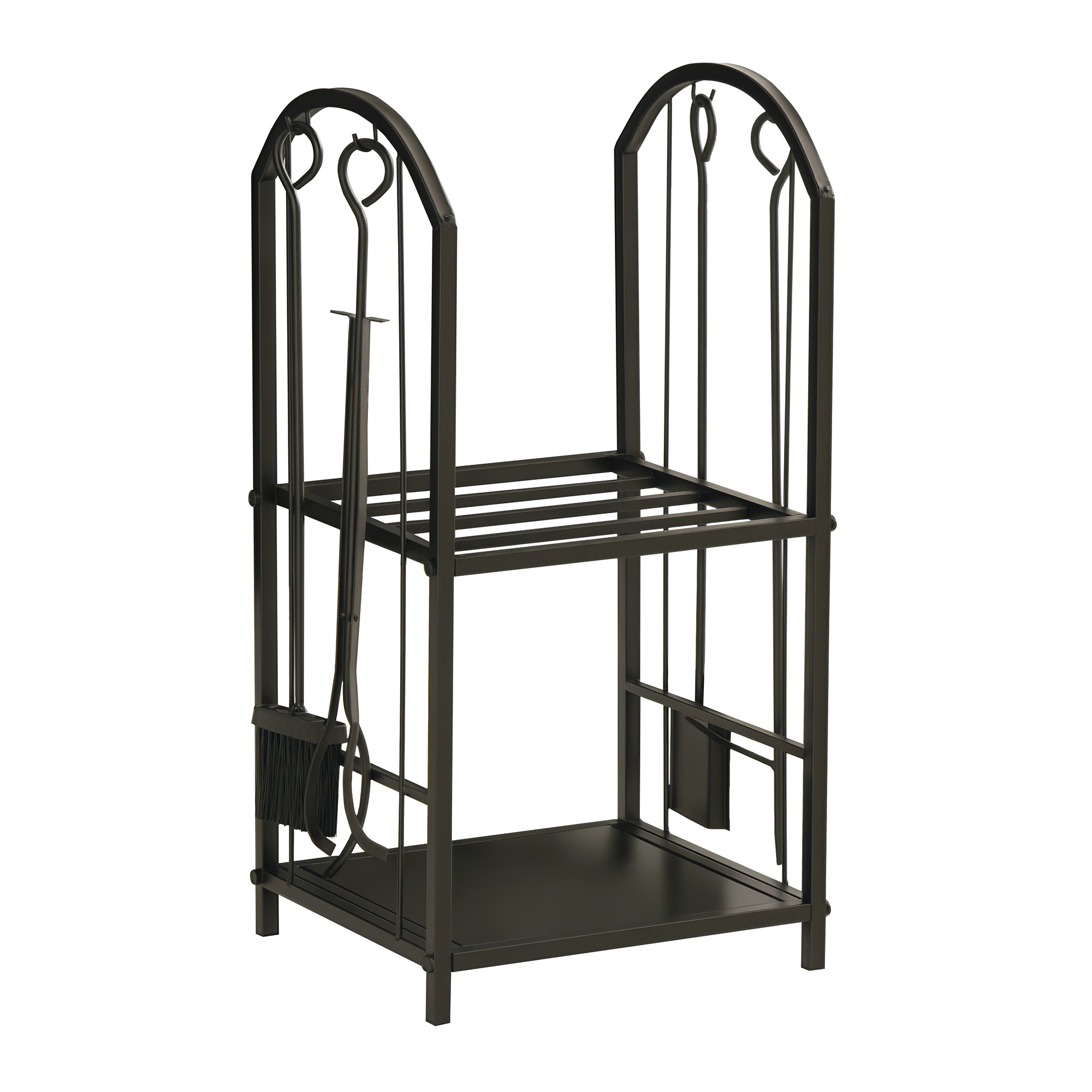 foto del prodotto outsunny portalegna a 2 ripiani in metallo con paletta, scopa, attizzatoio e pinza, 41.5x32.5x74.5 cm, nero