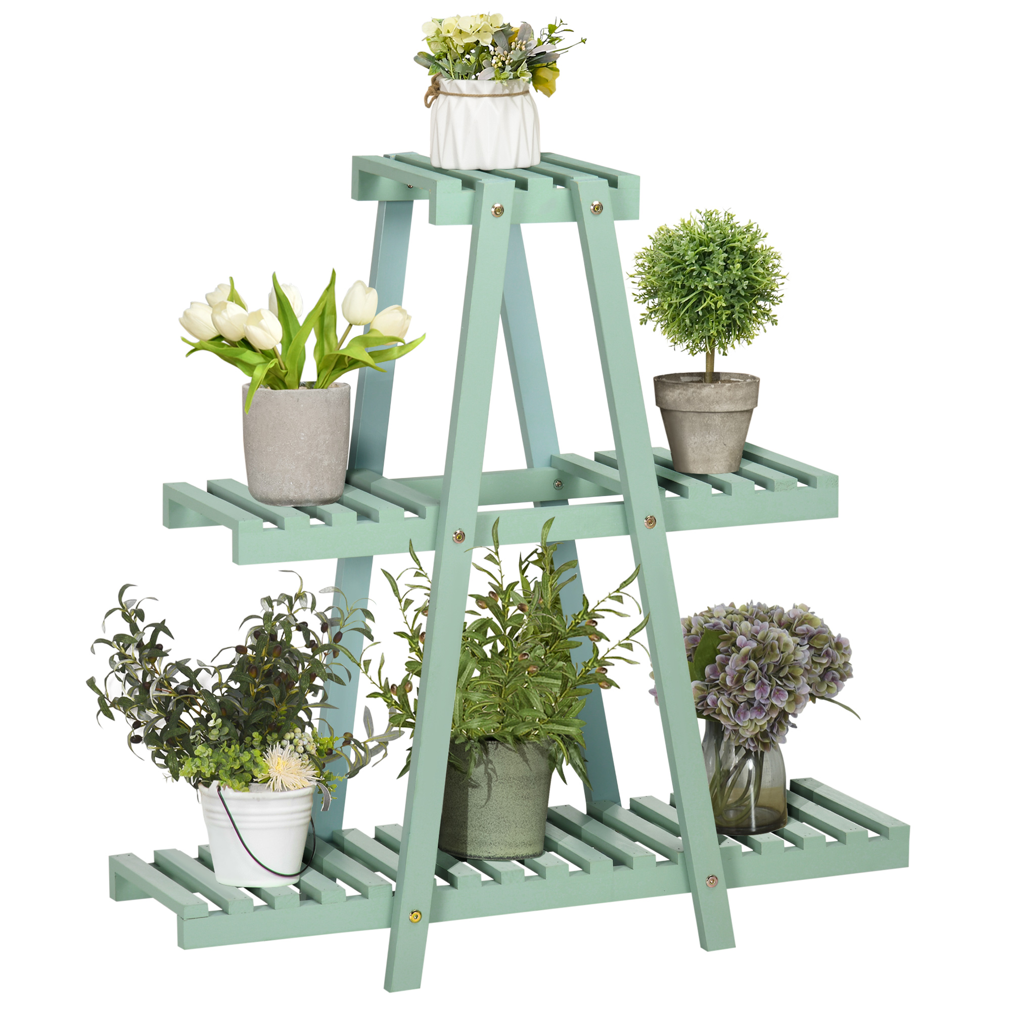 foto del prodotto outsunny portapiante a 3 livelli in legno di abete per interni ed esterni, 76x26x76 cm, verde chiaro aosom