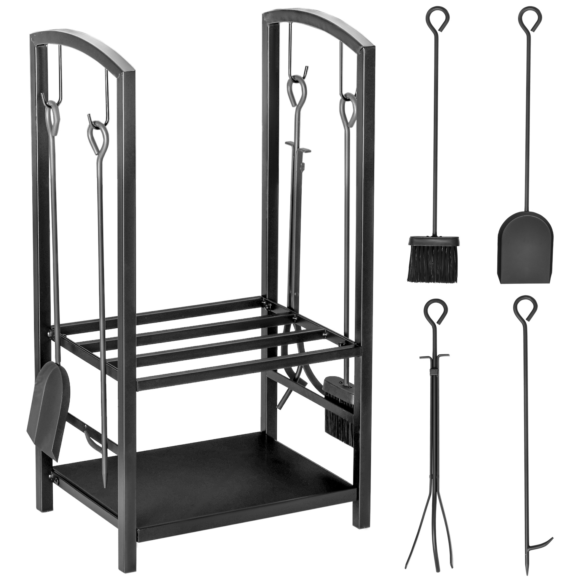 foto del prodotto outsunny scaffale per legna da ardere portalegna con set attrezzi per il camino in acciaio nero 40 x 30 x 74.5cm aosom