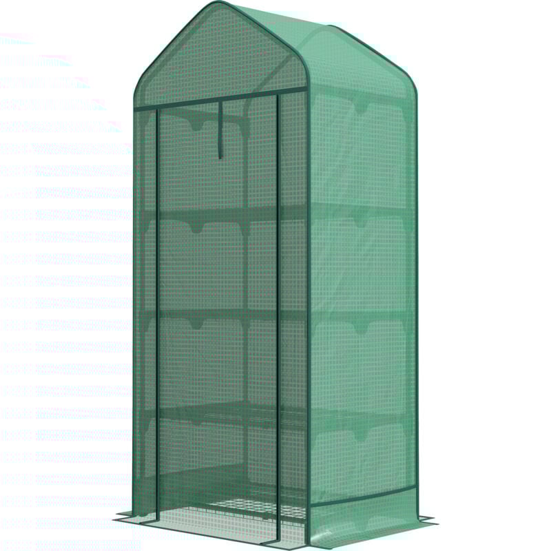 foto del prodotto outsunny serra da giardino a 4 ripiani con porta avvolgibile verde scuro