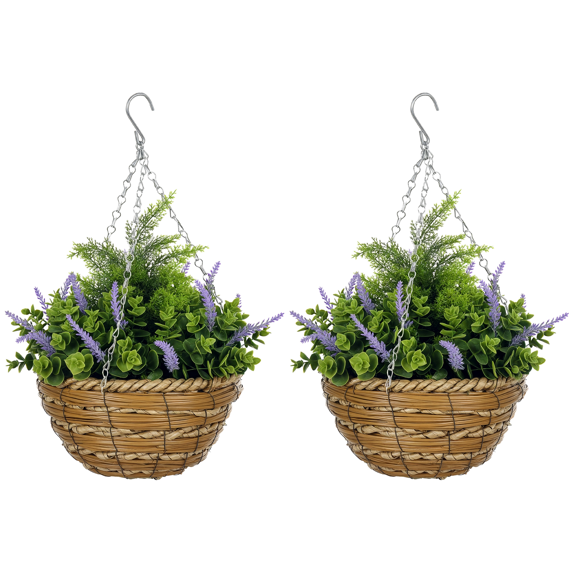 foto del prodotto outsunny set 2 piante finte di lisianthus con vaso e gancio, in pe e vimini, 25x34 cm, verde e viola