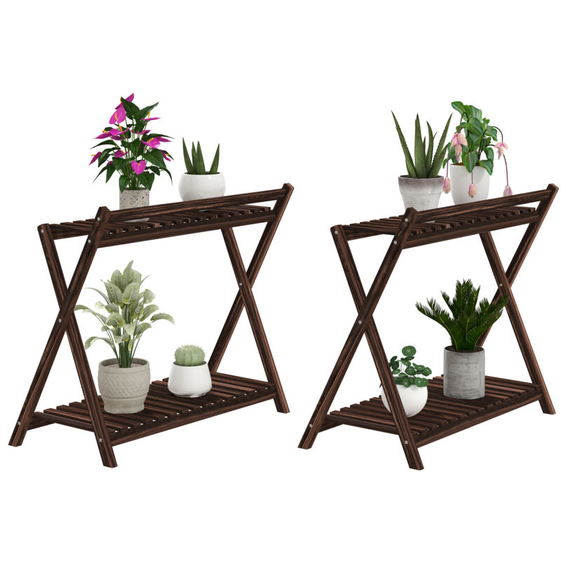 foto del prodotto outsunny set 2 porta fiori 2 livelli a doghe in legno di abete marrone bruciato
