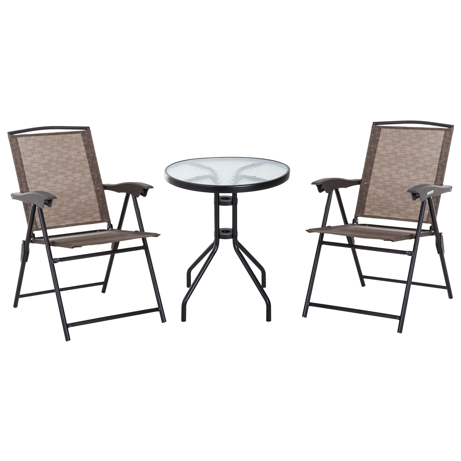 foto del prodotto outsunny set arredo per esterni con tavolino in vetro e sedie, set mobili 3pz pieghevole marrone aosom