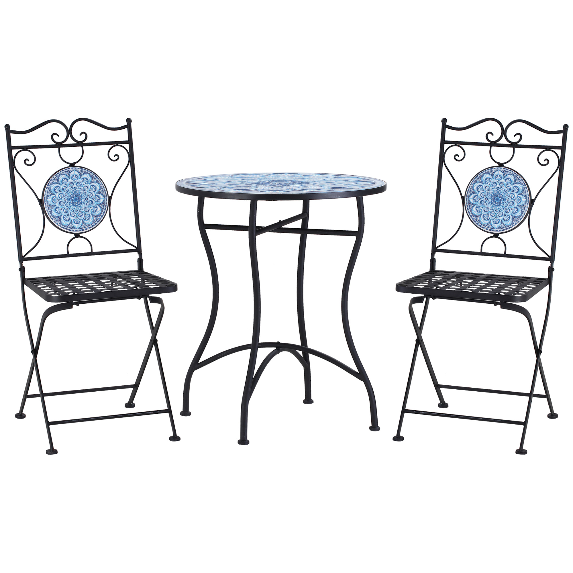 foto del prodotto outsunny set da giardino 3 pezzi con decorazioni mosaico, tavolino rotondo e 2 sedie pieghevoli in metallo, stile unico, blu aosom