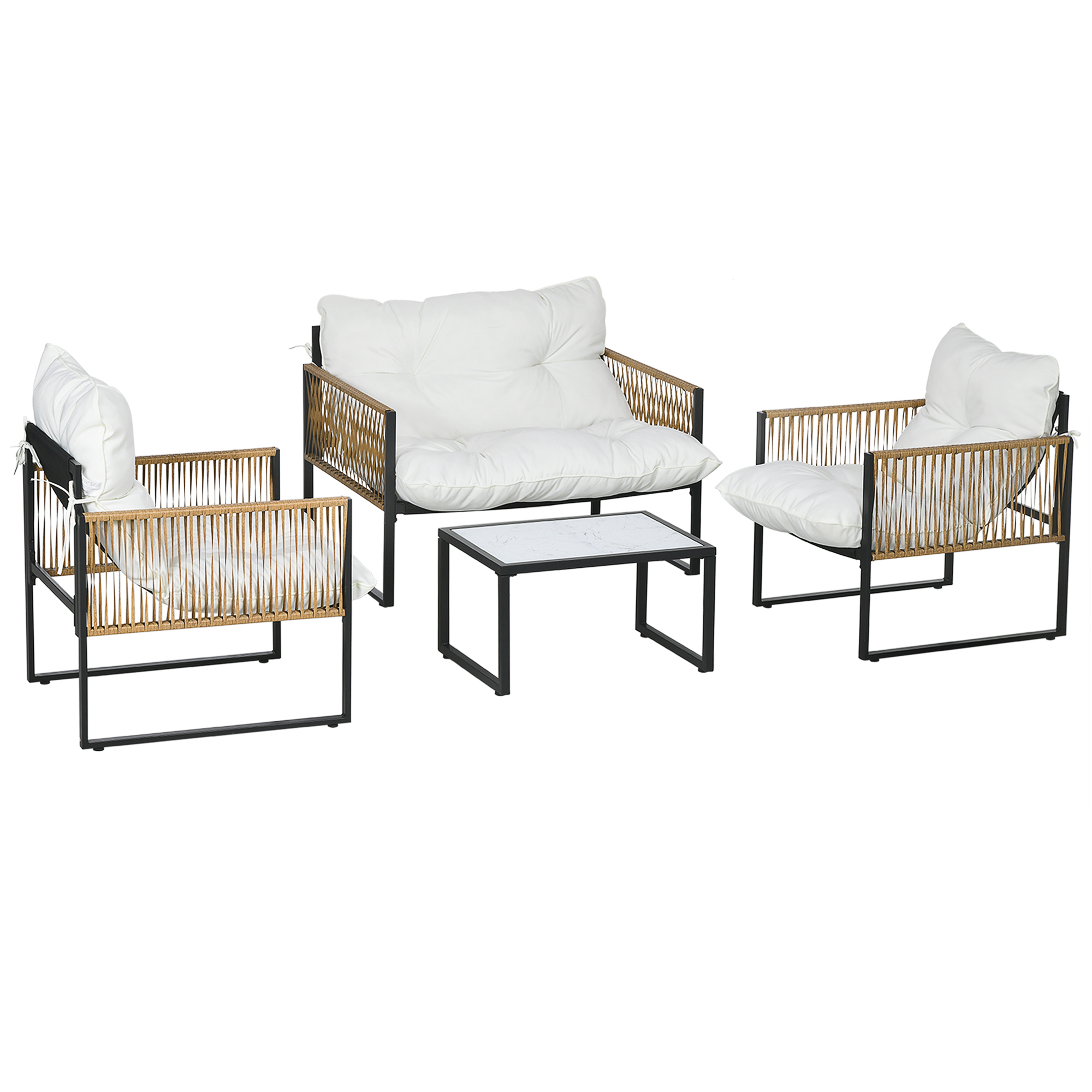 foto del prodotto outsunny set da giardino 4 pezzi in rattan con divanetto, 2 sedie e tavolino da caffè, nero, marrone e crema