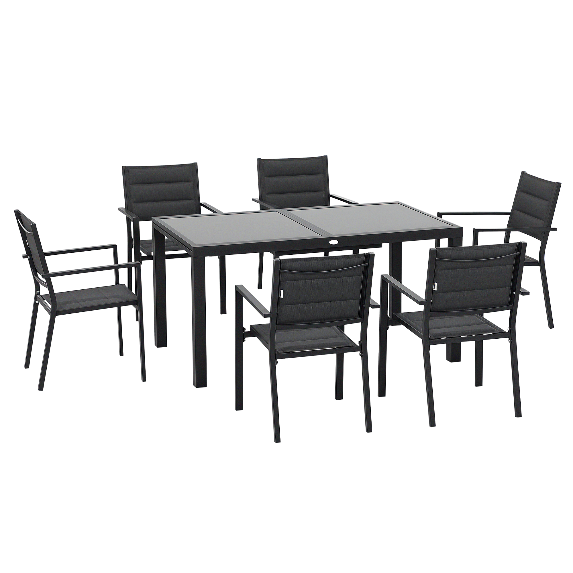 foto del prodotto outsunny set da giardino con tavolo allungabile in vetro e 6 sedie con seduta traspirante, grigio scuro aosom