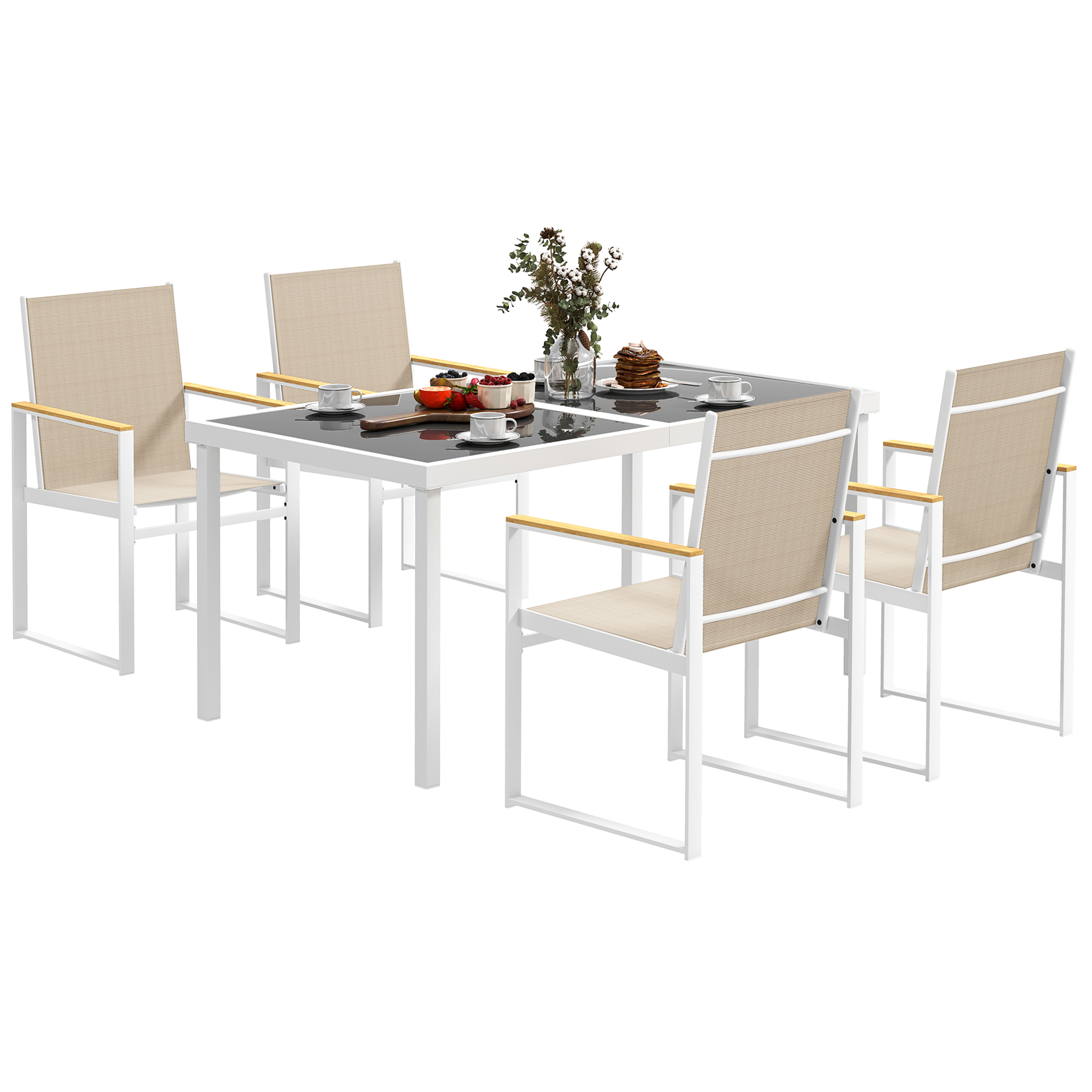 foto del prodotto outsunny set da giardino con tavolo da pranzo in vetro rettangolare e 4 sedie con braccioli, multicolore