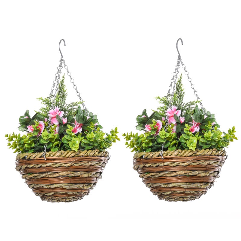 foto del prodotto outsunny set di 2 piante artificiali lisianthus con vaso in vimini e catenella