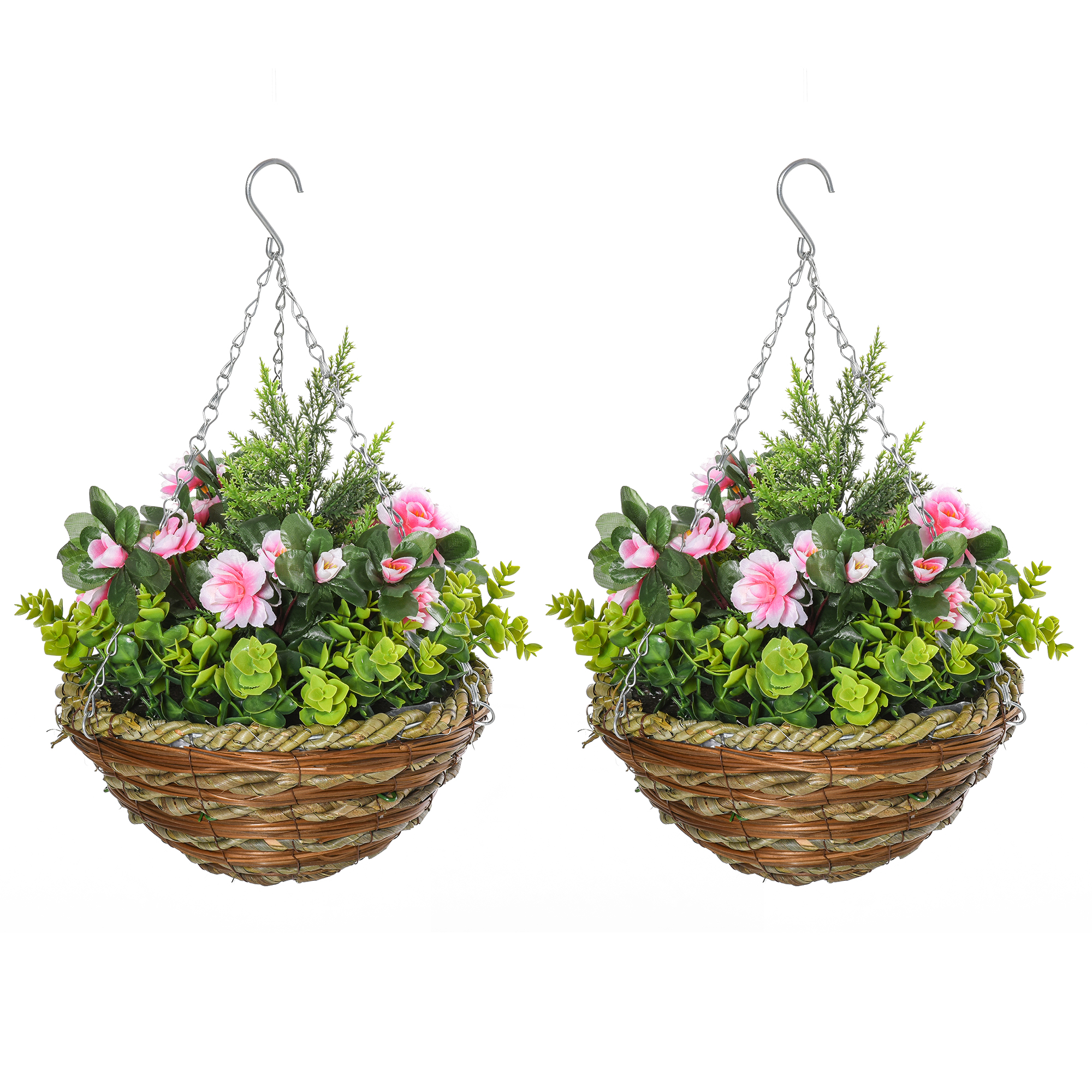 foto del prodotto outsunny set di 2 piante finte lisianthus da appendere per interno ed esterno con vaso in vimini e catenelle, 25x34cm, rosa e verde aosom