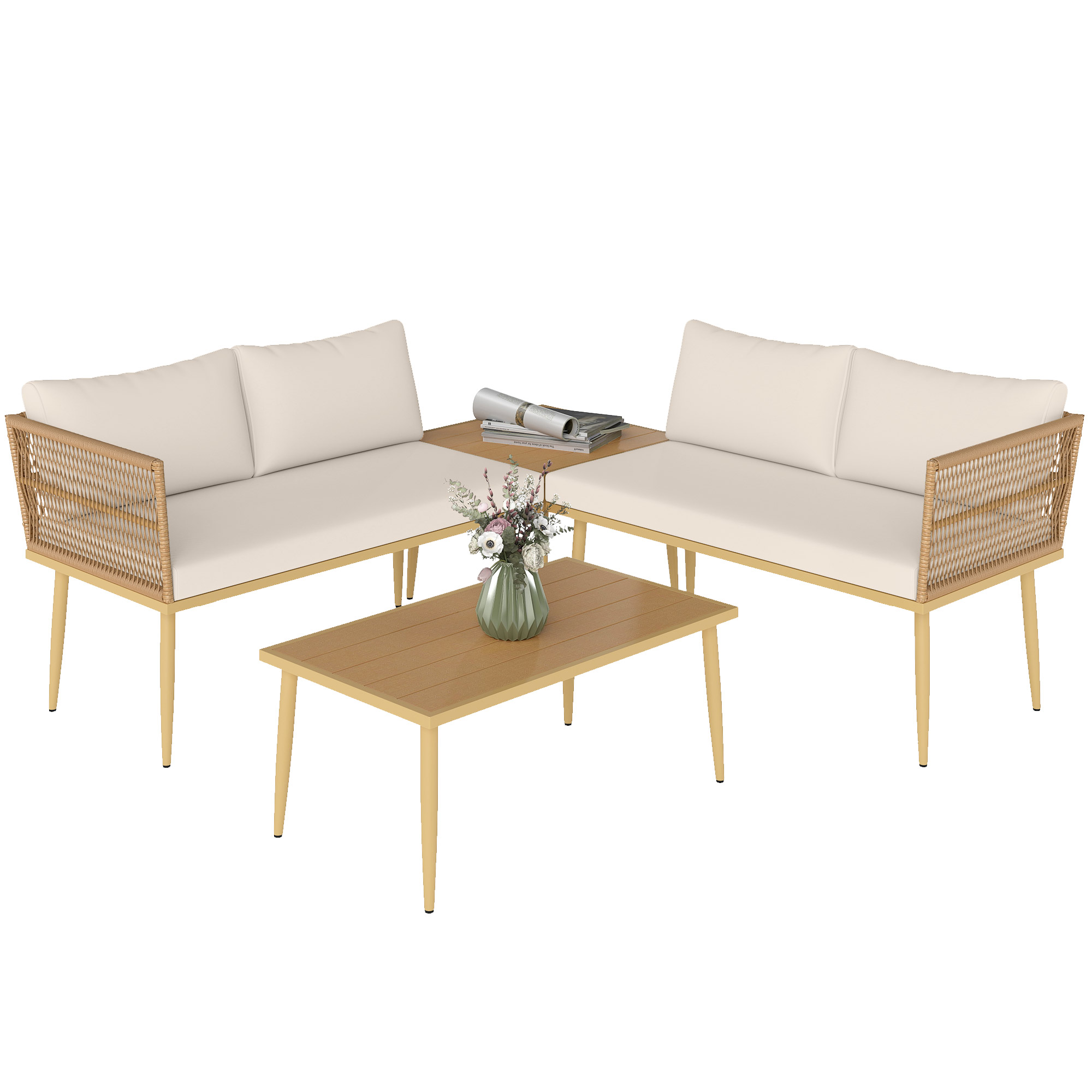 foto del prodotto outsunny set salotto da esterno in rattan pe con 2 divani a 2 posti con cuscini e 2 tavoli da caffè, colore legno