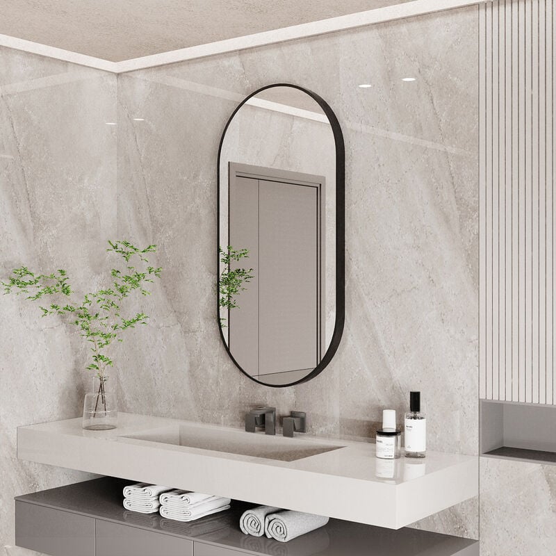 foto del prodotto ovale specchio decorativo da parete grande specchio bagno ingresso specchio con cornice nera verticale o orizzontale 100x50cm